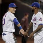 New York Mets center fielder Michael Conforto (30) celebrates with Jose Reyes after the Mets defeated the Arizona Diamondbacks 3-1 in a baseball game Friday, May 18, 2018, in New York. (AP Photo/Julie Jacobson)