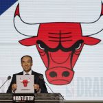 NBA Deputy Commissioner Mark Tatum announces that the Chicago Bulls won the seventh pick during the NBA basketball draft lottery Tuesday, May 15, 2018, in Chicago. (AP Photo/Charles Rex Arbogast)