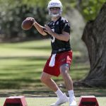 Arizona Cardinals' first-round draft pick Josh Rosen runs drills during NFL football rookie camp Friday, May 11, 2018, in Tempe, Ariz. (AP Photo/Matt York)