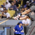 Arizona Diamondbacks' Steven Souza Jr. breaks his bat while hitting a foul ball during the third inning of a baseball game against the Los Angeles Dodgers Wednesday, May 9, 2018, in Los Angeles. (AP Photo/Mark J. Terrill)