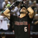Arizona Diamondbacks David Peralta celebrates after hitting a solo home run against the Houston Astros during the second inning during a baseball game, Saturday, May 5, 2018, in Phoenix. (AP Photo/Rick Scuteri)
