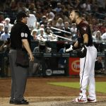 Arizona Diamondbacks' Steven Souza Jr., right, argues with umpire Doug Eddings after Souza was thrown out for throwing his bat after a third strike during the eighth inning of the team's baseball game against the Washington Nationals on Saturday, May 12, 2018, in Phoenix. The Nationals won 2-1. (AP Photo/Ross D. Franklin)