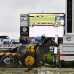 Red Ruby with Paco Lopez aboard wins the Black-Eyed Susan horse race at Pimlico race track, Friday, May 18, 2018, in Baltimore. The 143rd running of the Preakness Stakes race runs Saturday. (AP Photo/Mike Stewart)