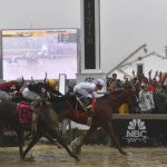 Justify with Mike Smith atop wins the 143rd Preakness Stakes horse race at Pimlico race track, Saturday, May 19, 2018, in Baltimore. Bravazo with Luis Saez aboard wins second with Tenfold with Ricardo Santana Jr. atop places. (AP Photo/Mike Stewart)