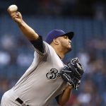 Milwaukee Brewers starting pitcher Jhoulys Chacin throws to an Arizona Diamondbacks batter during the first inning of a baseball game Tuesday, May 15, 2018, in Phoenix. (AP Photo/Ross D. Franklin)