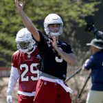 Arizona Cardinals quarterback Josh Rosen (3) throws during the NFL team's organized team activity Wednesday, May 23, 2018, in Tempe, Ariz. (AP Photo/Matt York)