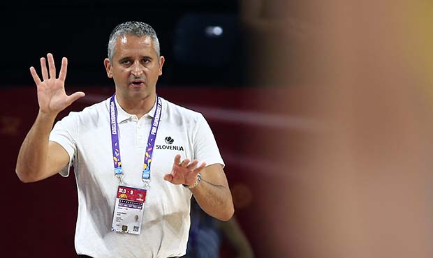 Slovenia's coach Igor Kokoskov gives instructions to his players during their Eurobasket European B...
