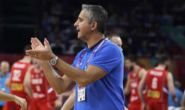 Slovenia coach Igor Kokoskov applauds during the Eurobasket European Basketball Championship final ...
