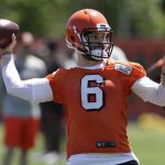Cleveland Browns quarterback Baker Mayfield throws during a practice at the NFL football team's training camp facility, Wednesday, May 23, 2018, in Berea, Ohio. (AP Photo/Tony Dejak)