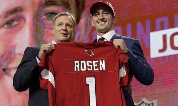 UCLA's Josh Rosen, right, poses with commissioner Roger Goodell after being selected by the Arizona...