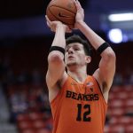 Oregon State forward Drew Eubanks (12) shoots a free throw during the first half of an NCAA college basketball game against Washington State in Pullman, Wash., Saturday, March 3, 2018. (AP Photo/Young Kwak)