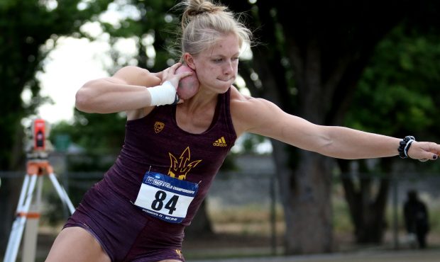 Maggie Ewen gears up to throw the shot put. Ewen holds the NCAA national record and the ASU record ...