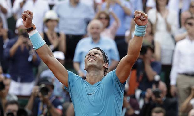 Spain's Rafael Nadal celebrates winning the men's final match of the French Open tennis tournament ...