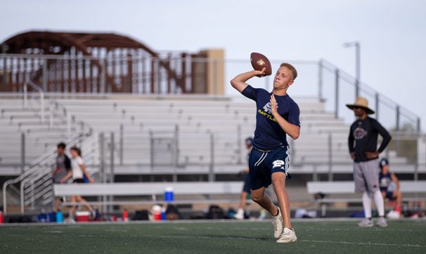 Pinnacle High School quarterback Spencer Rattler throws the football in a seven-on-seven game again...