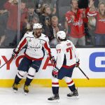 Washington Capitals left wing Alex Ovechkin, left, of Russia, celebrates his goal with right wing T.J. Oshie during the second period in Game 5 of the NHL hockey Stanley Cup Finals against the Vegas Golden Knights on Thursday, June 7, 2018, in Las Vegas. (AP Photo/Ross D. Franklin)