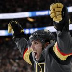 Vegas Golden Knights left wing David Perron celebrates his goal during the second period in Game 5 of the NHL hockey Stanley Cup Finals against the Washington Capitals on Thursday, June 7, 2018, in Las Vegas. (AP Photo/John Locher)