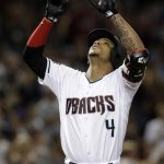 Arizona Diamondbacks Ketel Marte points to the sky after hitting a solo home run against the Miami Marlins during the fifth inning during a baseball game Friday, June 1, 2018, in Phoenix. (AP Photo/Rick Scuteri)