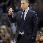Cleveland Cavaliers coach Tyronn Lue calls a play during the first half of Game 4 of basketball's NBA Finals against the Golden State Warriors, Friday, June 8, 2018, in Cleveland. (AP Photo/Tony Dejak)