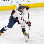 Washington Capitals left wing Alex Ovechkin, of Russia, warms up prior to Game 5 of the team's NHL hockey Stanley Cup Finals against the Vegas Golden Knights on Thursday, June 7, 2018, in Las Vegas. (AP Photo/Ross D. Franklin)