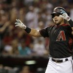Arizona Diamondbacks; David Peralta celebrates after he crosses home plate after hitting a two-run home run against the Miami Marlins during the fourth inning of a baseball game Saturday, June 2, 2018, in Phoenix. (AP Photo/Rick Scuteri)