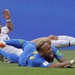 Brazil's Neymar is brought down by Costa Rica's Cristian Gamboa during the group E match between Brazil and Costa Rica at the 2018 soccer World Cup in the St. Petersburg Stadium in St. Petersburg, Russia, Friday, June 22, 2018. (AP Photo/Andre Penner)