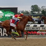 Justify (1), with jockey Mike Smith up, crosses the finish line to win the 150th running of the Belmont Stakes horse race, Saturday, June 9, 2018, in Elmont, N.Y. (AP Photo/Julie Jacobson)