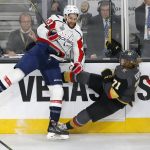 Washington Capitals right wing Tom Wilson, left, collides with Vegas Golden Knights center William Karlsson during the first period in Game 5 of the NHL hockey Stanley Cup Finals on Thursday, June 7, 2018, in Las Vegas. (AP Photo/Ross D. Franklin)