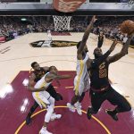 Cleveland Cavaliers' LeBron James shoots during the first half of Game 4 of basketball's NBA Finals against the Golden State Warriors, Friday, June 8, 2018, in Cleveland. (Gregory Shamus/Pool Photo via AP)