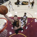 Cleveland Cavaliers' Larry Nance Jr. goes up for a shot during the first half of Game 4 of basketball's NBA Finals against the Golden State Warriors, Friday, June 8, 2018, in Cleveland. (Kyle Terada/Pool Photo via AP)