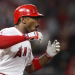 Los Angeles Angels' Justin Upton reacts after Arizona Diamondbacks' Jarrod Dyson caught his fly ball during the seventh inning of a baseball game, Monday, June 18, 2018, in Anaheim, Calif. (AP Photo/Jae C. Hong)