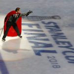 An actor performs in a show prior to Game 5 of the NHL hockey Stanley Cup Finals between the Vegas Golden Knights and the Washington Capitals on Thursday, June 7, 2018, in Las Vegas. (AP Photo/Ross D. Franklin)