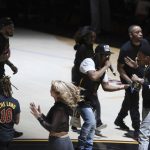 Lil John and Ludacris perform during halftime of Game 4 of basketball's NBA Finals between the Cleveland Cavaliers and the Golden State Warriors, Friday, June 8, 2018, in Cleveland. (AP Photo/Carlos Osorio)