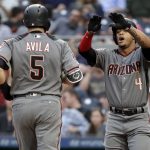 Arizona Diamondbacks' Alex Avila (5) is greeted by Ketel Marte (4) after hitting a two-run home run off Pittsburgh Pirates starting pitcher Chad Kuhl during the third inning of a baseball game in Pittsburgh, Thursday, June 21, 2018. (AP Photo/Gene J. Puskar)