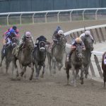 Justify, right, leads the pack in the final turn in the 1 1/2 mile Belmont Stakes on the way to winning the horse race and the Triple Crown, Saturday, June 9, 2018, at Belmont Park in Elmont, N.Y. (AP Photo/Mary Altaffer)