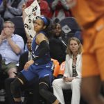 Minnesota Lynx's Maya Moore celebrates a basket by Tanisha Wright against the Phoenix Mercury during the first half of a WNBA basketball game Friday, June 1, 2018, in Minneapolis. (David Joles/Star Tribune via AP)