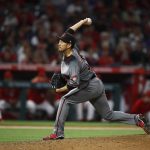 Arizona Diamondbacks relief pitcher Yoshihisa Hirano, of Japan, throws against the Los Angeles Angels during the seventh inning of a baseball game, Monday, June 18, 2018, in Anaheim, Calif. (AP Photo/Jae C. Hong)