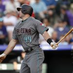 Arizona Diamondbacks' Paul Goldschmidt watches his double off Colorado Rockies starting pitcher German Marquez during the first inning of a baseball game Friday, June 8, 2018, in Denver. (AP Photo/David Zalubowski)