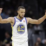 Golden State Warriors' Stephen Curry celebrates in the second half of Game 4 of basketball's NBA Finals against the Cleveland Cavaliers, Friday, June 8, 2018, in Cleveland. (AP Photo/Tony Dejak)