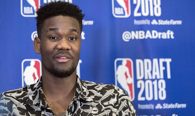 Arizona's DeAndre Ayton speaks to reporters during a media availability with the top basketball pro...