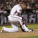 Arizona Diamondbacks' Ketel Marte kneels after striking out to end the sixth inning of a baseball game against the Pittsburgh Pirates, Monday, June 11, 2018, in Phoenix. (AP Photo/Matt York)