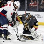 Washington Capitals left wing Alex Ovechkin, of Russia, tries to get a shot past Vegas Golden Knights goaltender Marc-Andre Fleury during the first period in Game 5 of the NHL hockey Stanley Cup Finals on Thursday, June 7, 2018, in Las Vegas. (AP Photo/John Locher)