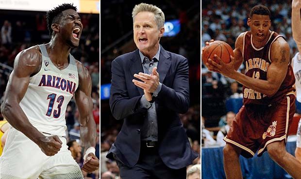 Suns draft picks Deandre Ayton (2018), left, and Steve Kerr (1988), center, of Arizona, along with ...
