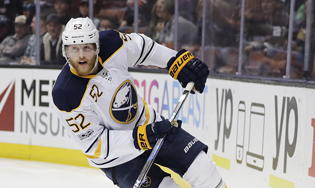 Buffalo Sabres' Hudson Fasching skates during the first period of an NHL hockey game against the An...