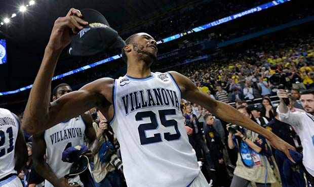 Villanova's Mikal Bridges (25) celebrates after the championship game of the Final Four NCAA colleg...