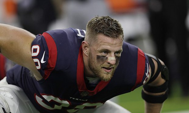FILE - This Oct. 8, 2017 photo shows Houston Texans defensive end J.J. Watt (99) warming up before ...