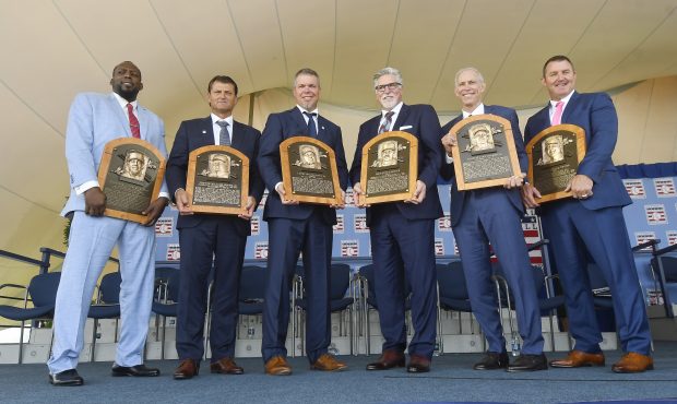 Baseball Hall of Famers from left, Vladimir Guerrero, Trevor Hoffman, Chipper Jones, Jack Morris, A...