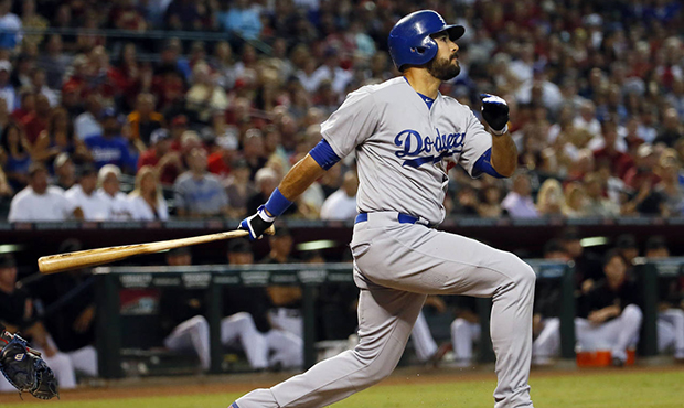 Los Angeles Dodgers right fielder Andre Ethier (16) follows through on a single during the first in...