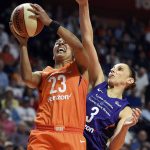 Connecticut Sun guard Layshia Clarendeon (23) is fouled by Phoenix Mercury guard Diana Taurasi (3) during the first half of a WNBA basketball game Friday, July 13, 2018, in Uncasville, Conn.. (Sean D. Elliot/The Day via AP)