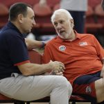 United States men's national team head coach head coach Gregg Popovich, right, speaks with Mike Krzyzewski during a training camp for USA basketball, Thursday, July 26, 2018, in Las Vegas. (AP Photo/John Locher)