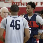 United States men's national team basketball coach Gregg Popovich left, speaks with Eric Gordon (46) and DeMar DeRozan during a training camp for USA basketball, Thursday, July 26, 2018, in Las Vegas. (AP Photo/John Locher)